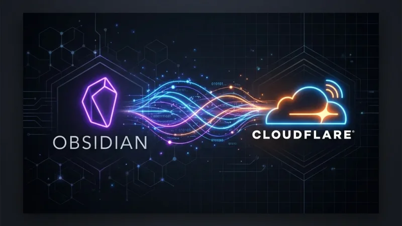 Obsidian and Cloudflare logos connected by neon data streams.
